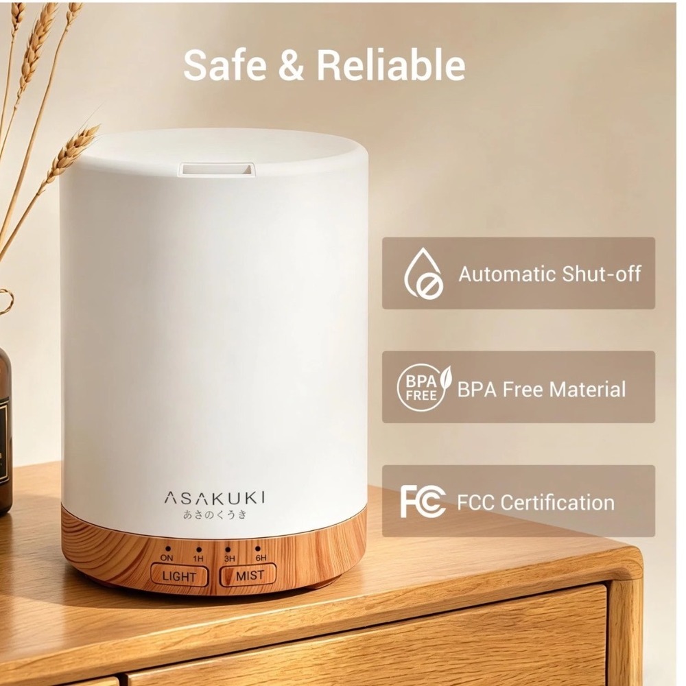 Essential Oil Diffuser White Wood Grain 300ml Aroma Humidifier ASAKUKI